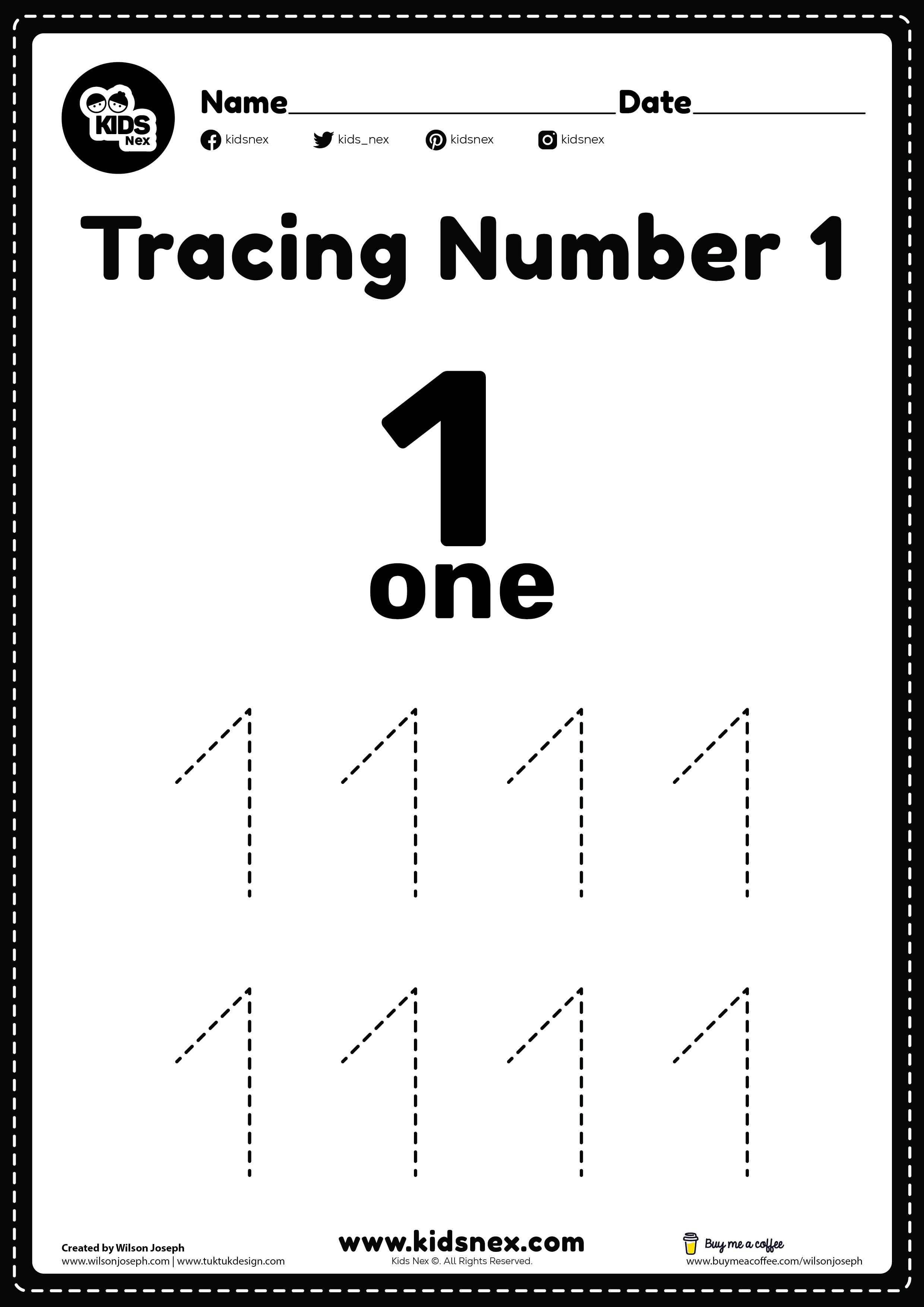 Tracing number 1 worksheet for kindergarten and preschool kids