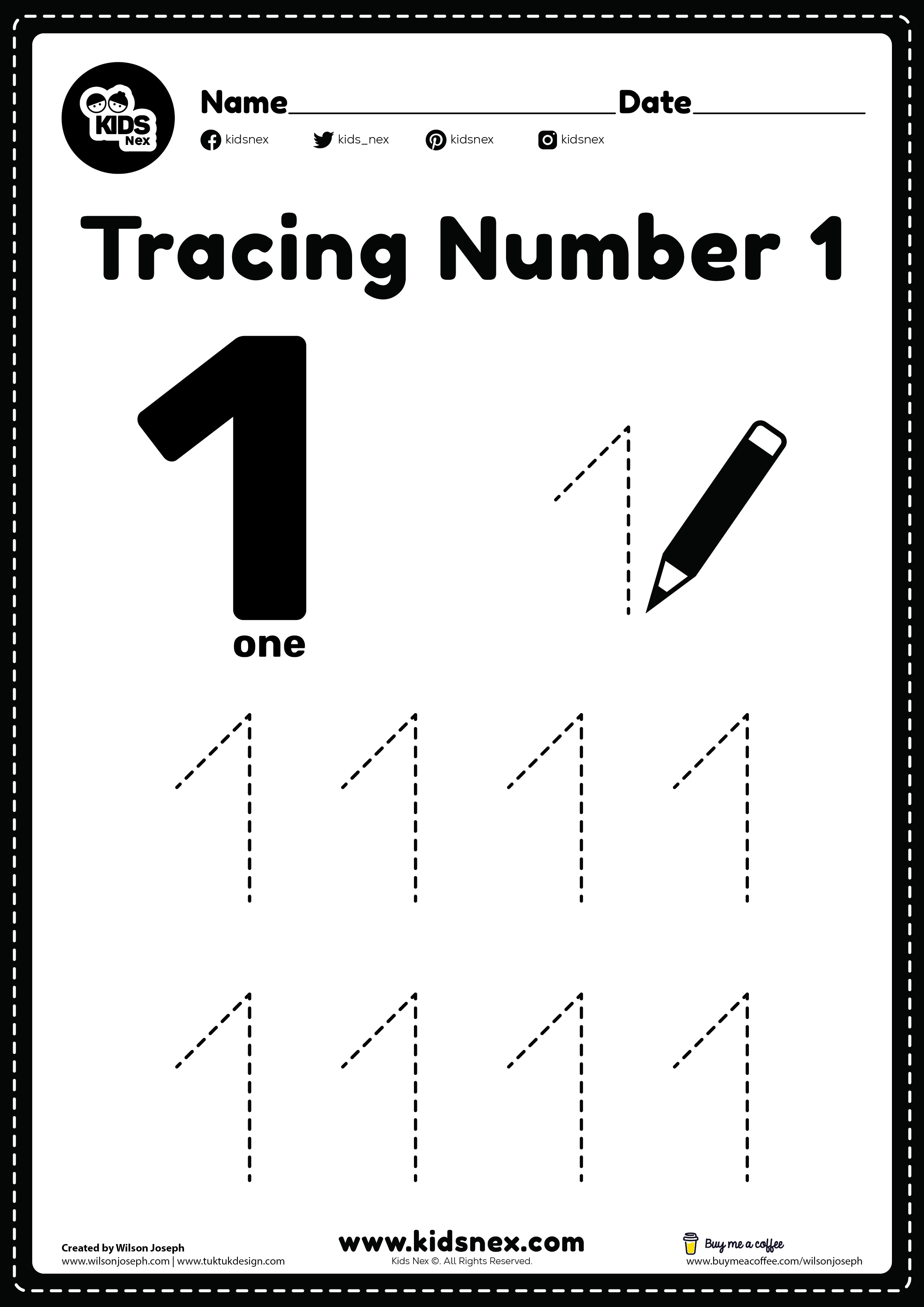 Number 1 Tracing worksheet for kindergarten and preschool kids for handwriting practice and counting activity in a free printable pdf file format.