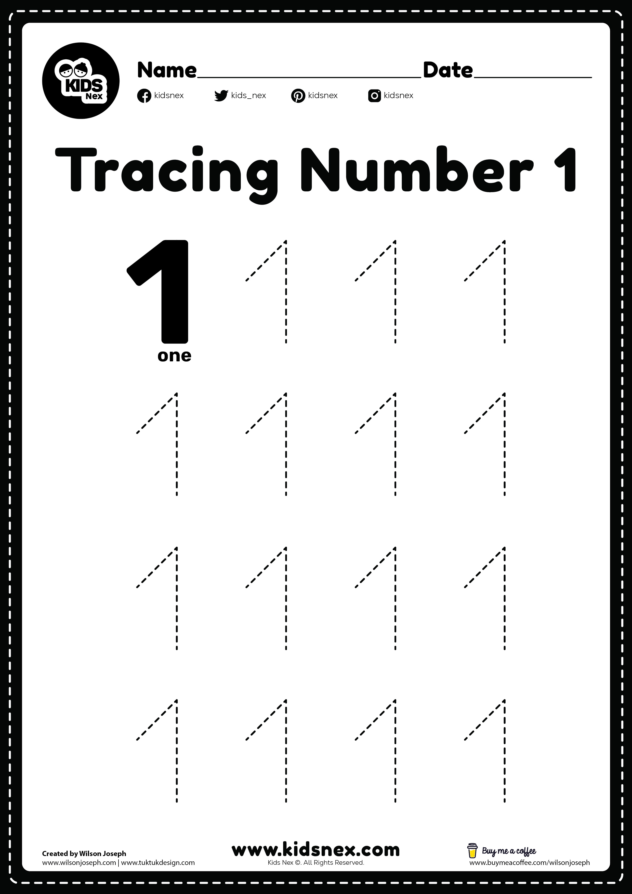 Number-1 tracing worksheet for preschool and kindergarten kids for tracing practice in a free printable pdf page.