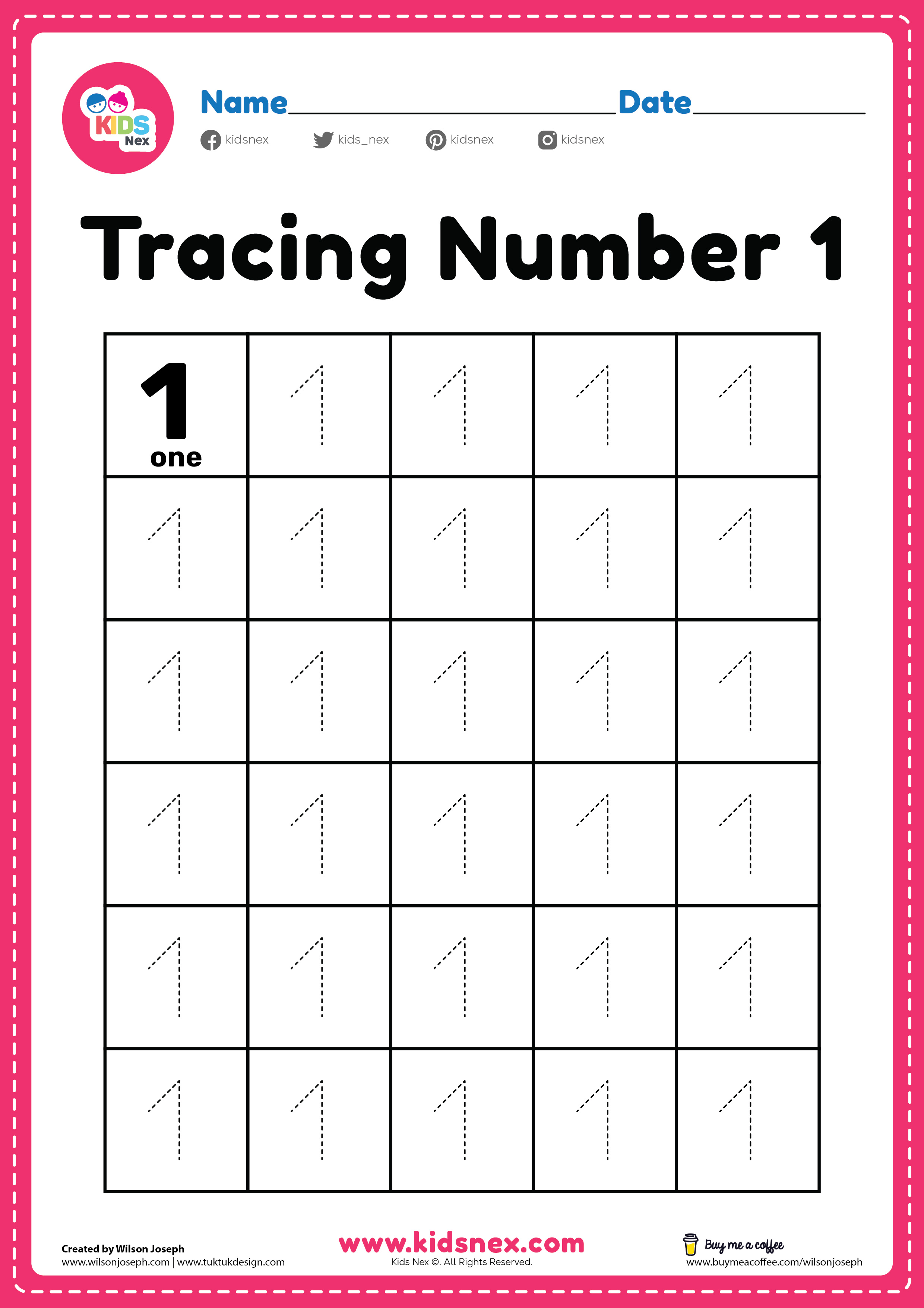 Kindergarten tracing number 1 worksheet