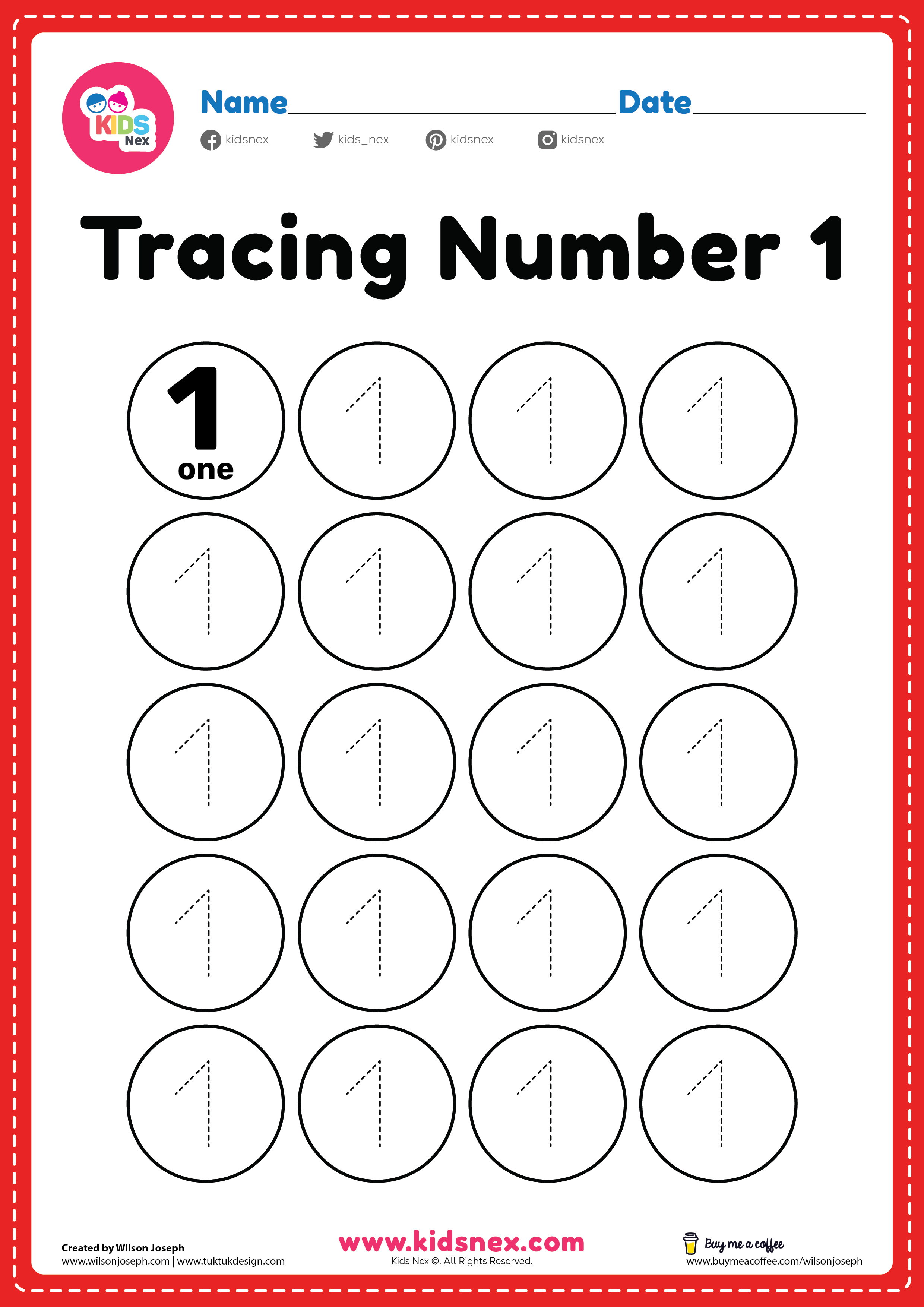 Tracing number 1 handwriting practice worksheet