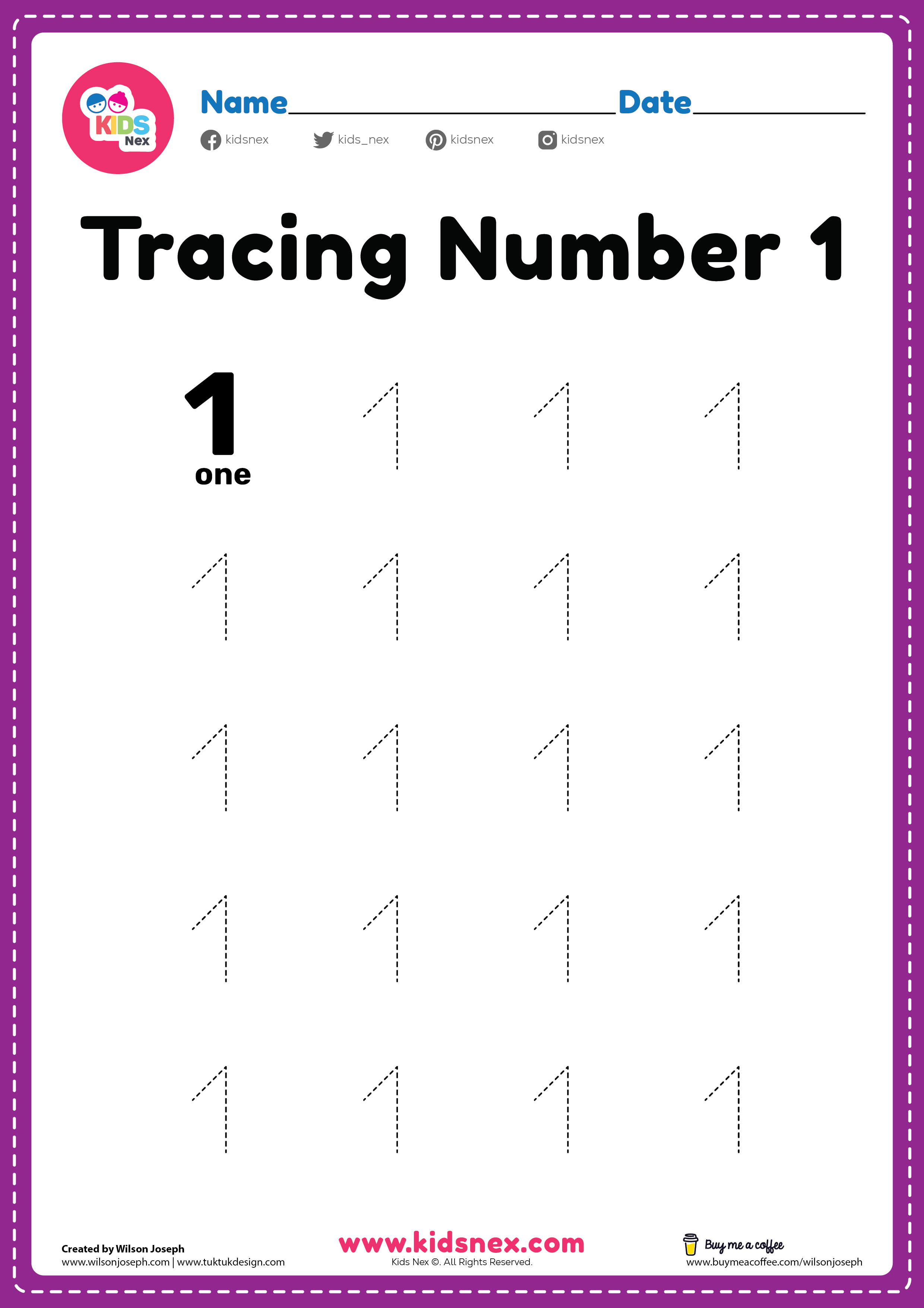 Preschool tracing number 1 worksheet