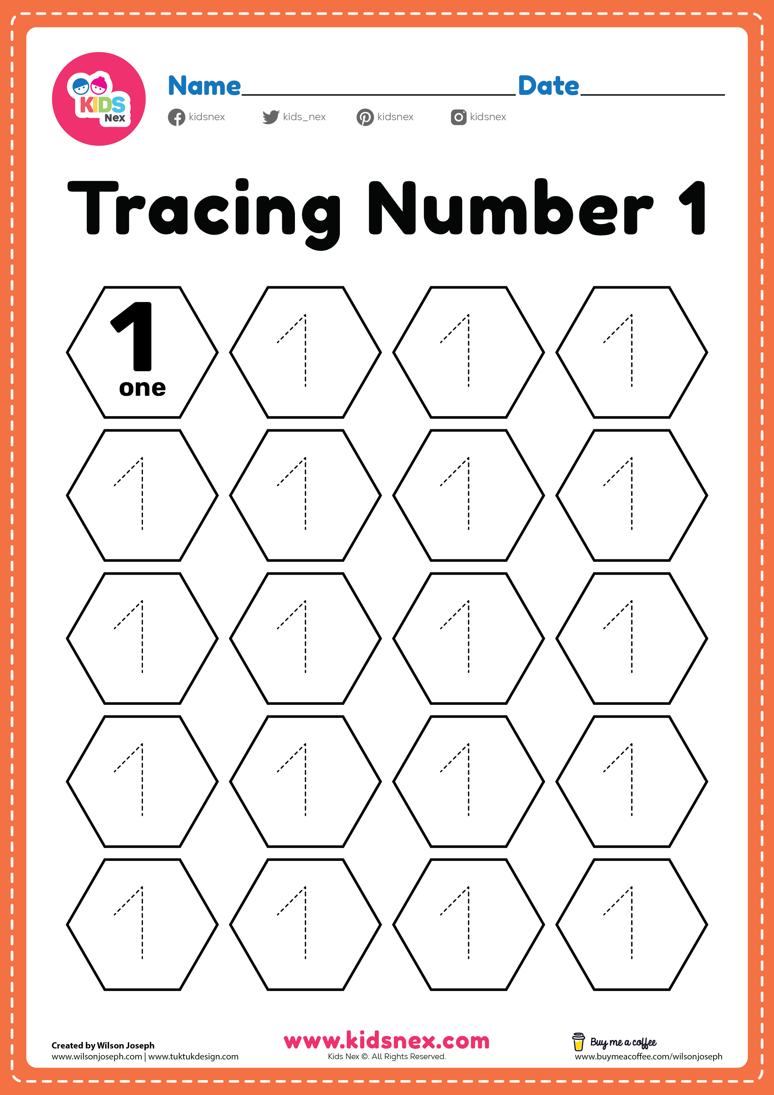 preschool number 1 tracing worksheet pdf printable for kindergarten