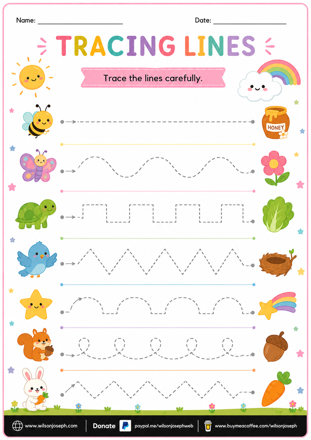Colorful Tracing Lines Worksheet for Preschool and Kindergarten Children with Straight, Curved, Zigzag, Wavy and Loop Line Practice