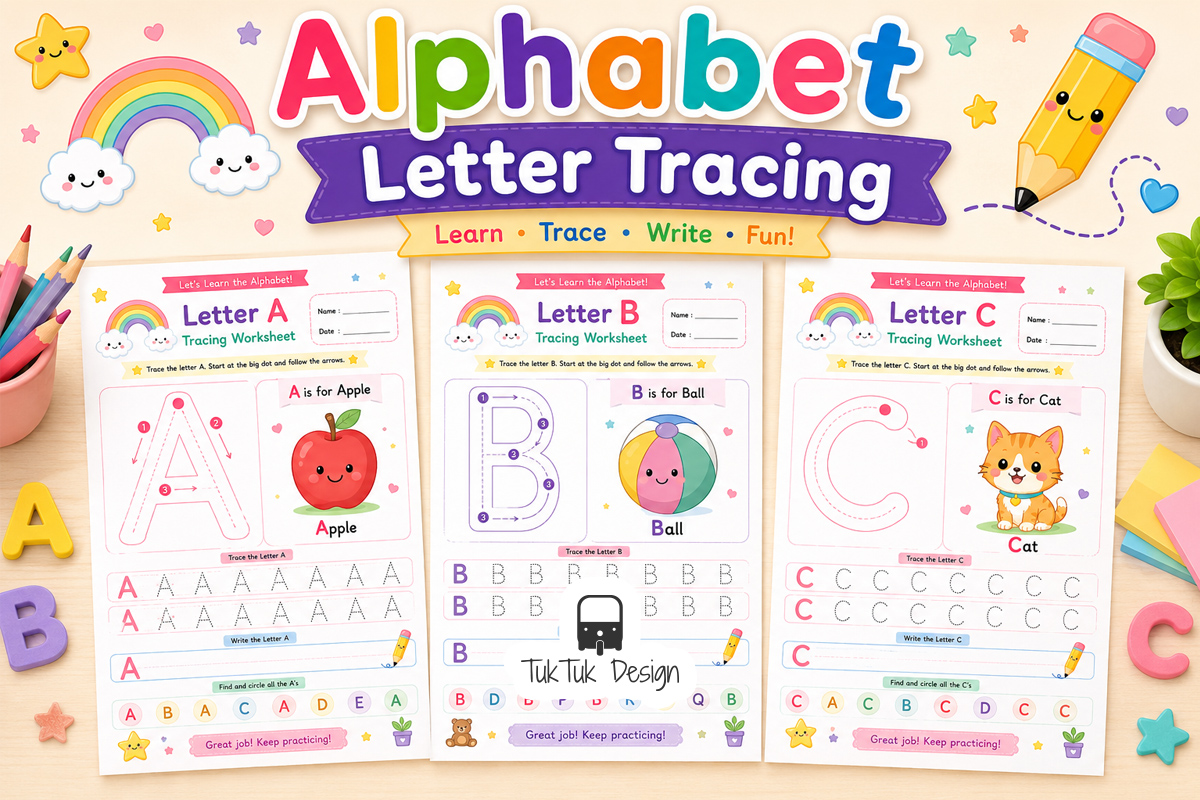 Alphabet Letter Tracing Worksheets A–Z printable bundle for preschool and kindergarten handwriting practice