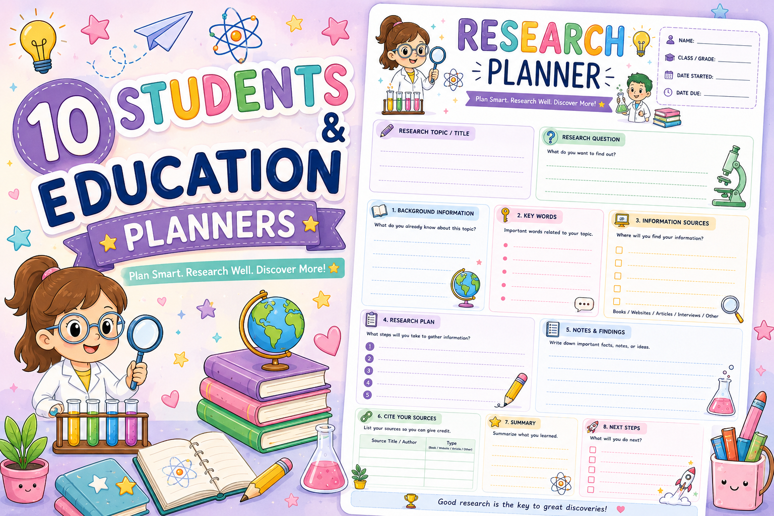 Printable student planner bundle with pastel education worksheets