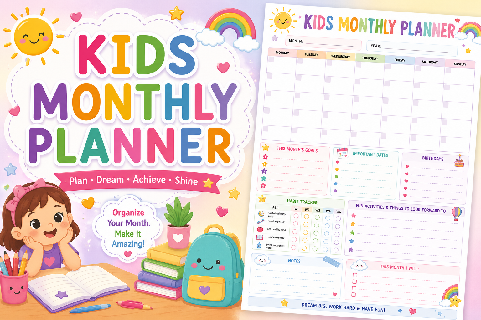 Pastel Monthly Planner for Students